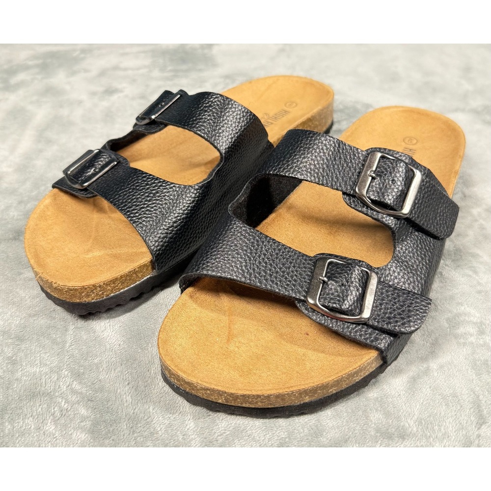 Highland Originals Sandals Womens 9 Black Two Strap Buckle Slides Footbed